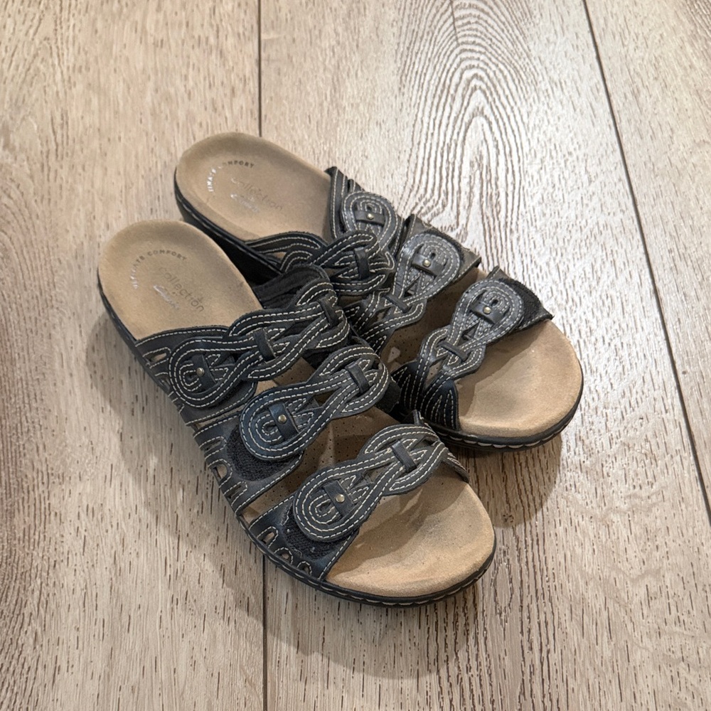 Clarks Women's Braided Strap Slide Mules in Charcoal